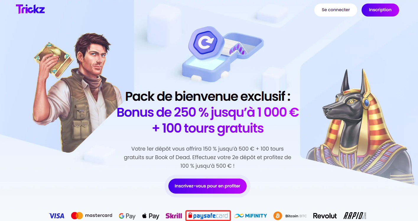 Interface moderne et épurée du Trickz Casino pour les joueurs utilisant Paysafecard.
